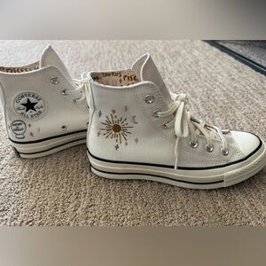 White High-Top Sneakers with Celestial Design, Women’s size US 7